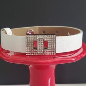 Swarovski White Leather Crystal Pave Silver Tone Buckle Bracelet Accessory